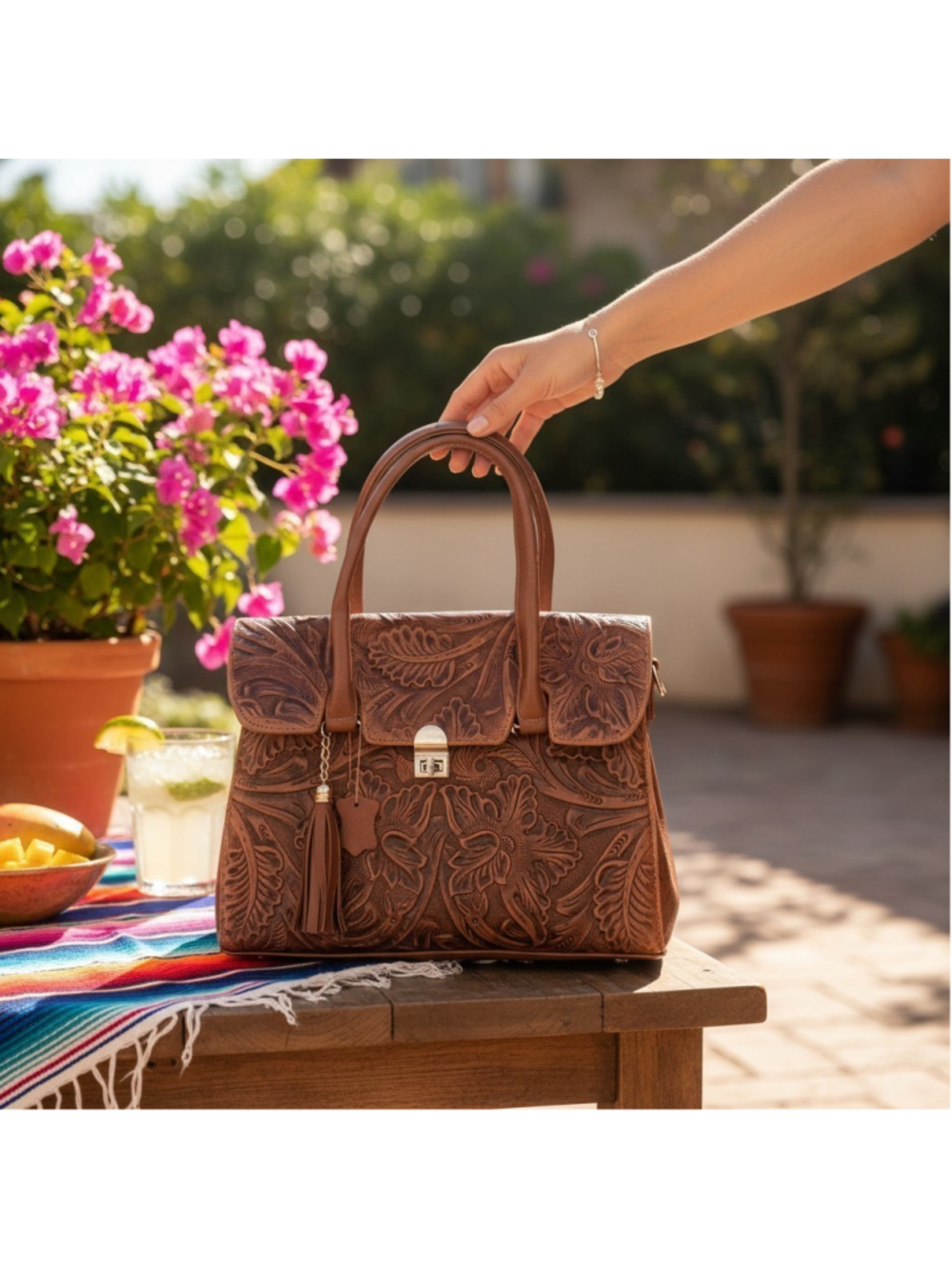 Warm Chestnut Cognac Brown Embossed Tooled Artisan LEATHER Crossbody Bag Purse